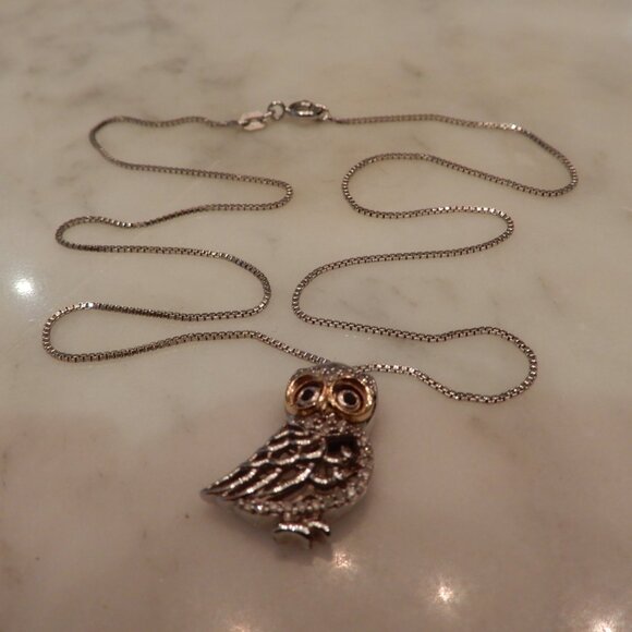 Silver and 14 Karat Yellow Gold Owl Necklace - Picture 2 of 7